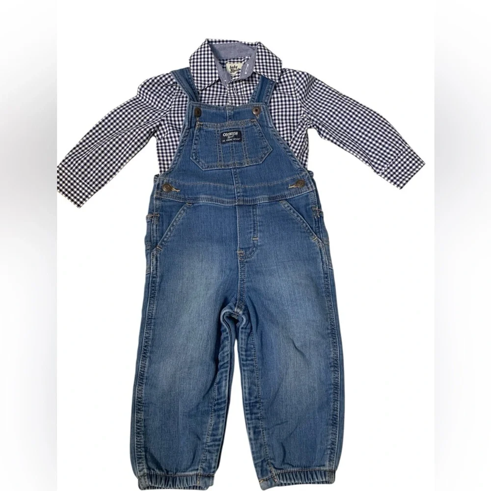 OshKosh B'gosh Denim Overalls & Gingham Bodysuit 2‎ Piece Set 18M Toddler